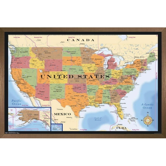 Map - USA Time Zones Wall Poster, 14.725" x 22.375", Framed