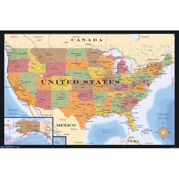 Map - USA Time Zones Wall Poster, 14.725" x 22.375"