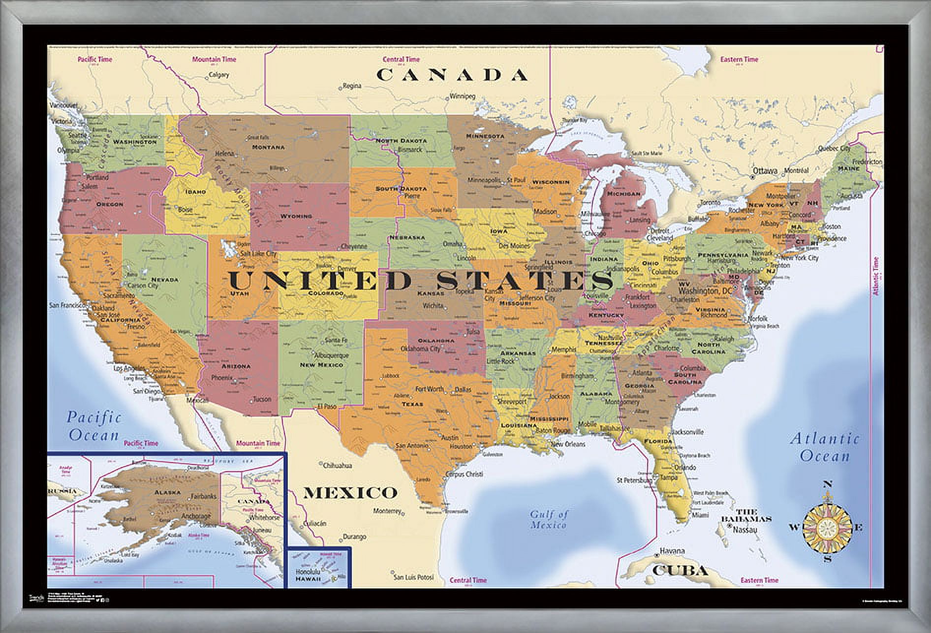 Map - USA Time Zones Wall Poster, 22.375" x 34", Framed