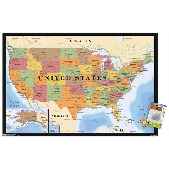 Map - USA Time Zones Wall Poster with Push Pins, 22.375" x 34"