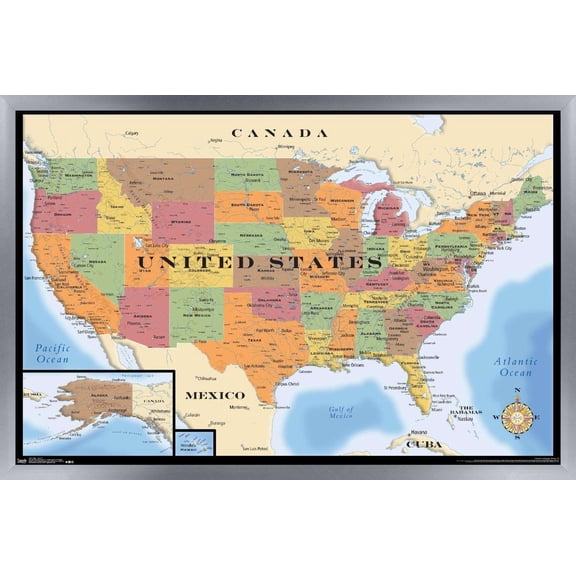 Map - USA Wall Poster, 14.725" x 22.375", Framed