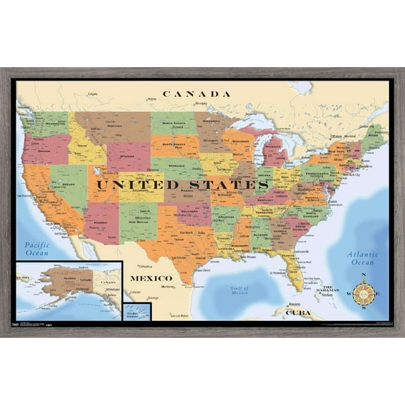 Map - USA Wall Poster, 14.725" x 22.375", Framed