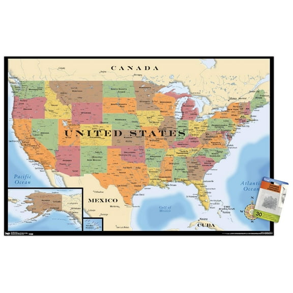 Map - USA Wall Poster with Push Pins, 22.375" x 34"