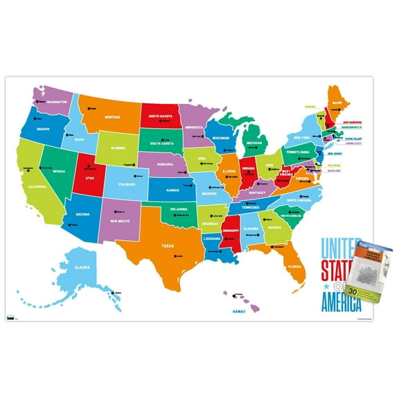 Map - United States Of America 2022 Wall Poster with Push Pins, 22.375" x 34"