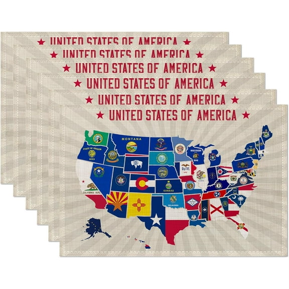 Map of The United States Placemats, 12 x 18 inch, Linen Placemat Kitchen Dining Room Decor Holiday Decor Rustic Vintage Waterproof Washable Placemat Set of 6