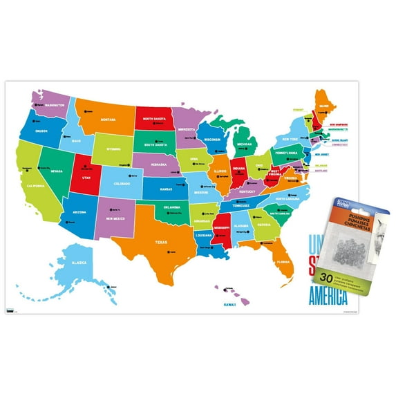 Map - United States of America 2022 Wall Poster with Push Pins, 14.725" x 22.375"