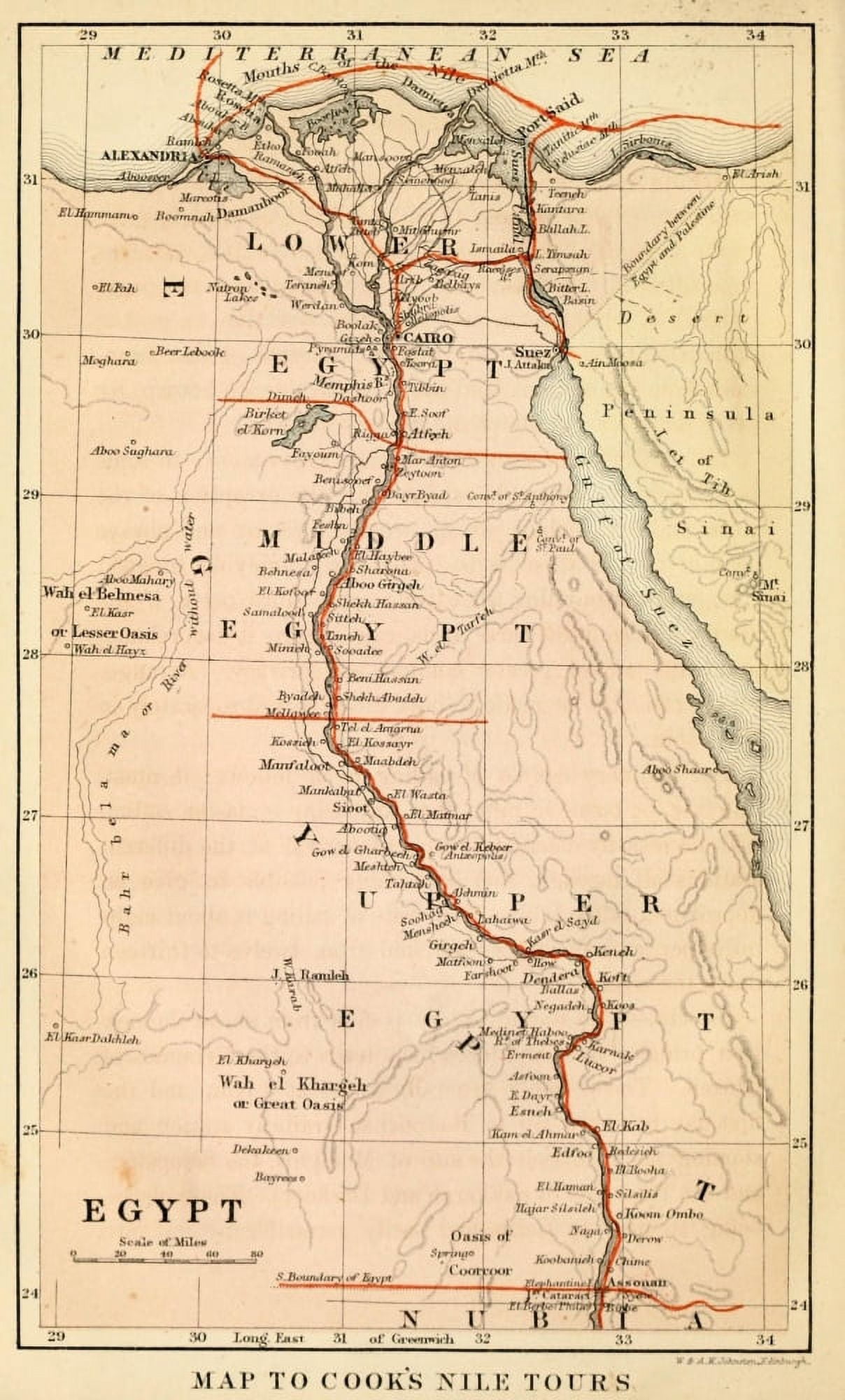 Map Up the Nile by steam 1872 Map to Cooks Nile Tours Canvas Art - (24 x 36)