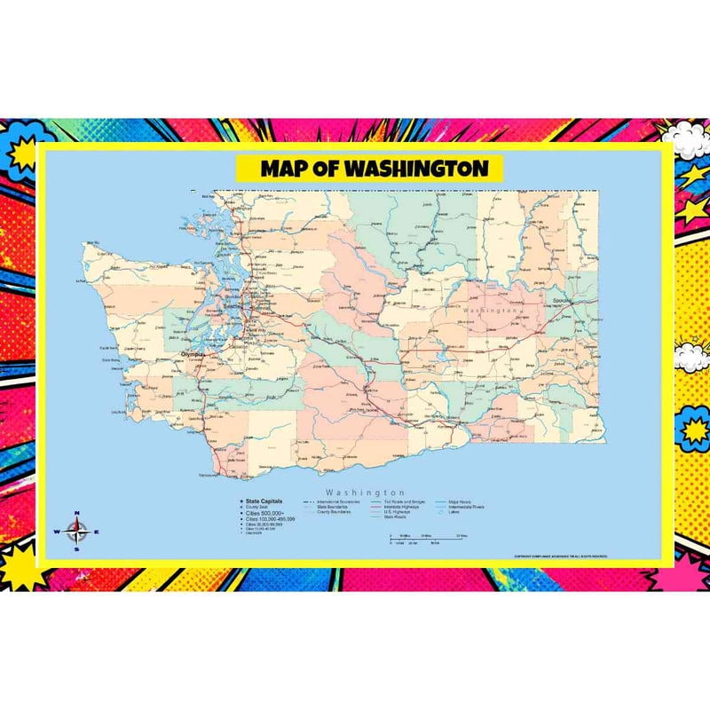 Map Of Washington Style A - 24x36 Inch - Pop Art Edition Vibrant ...