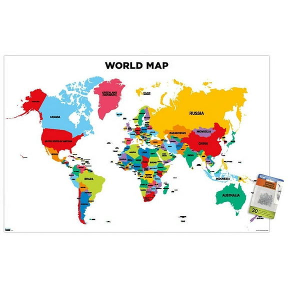 Map - World 2022 Wall Poster with Push Pins, 22.375" x 34"