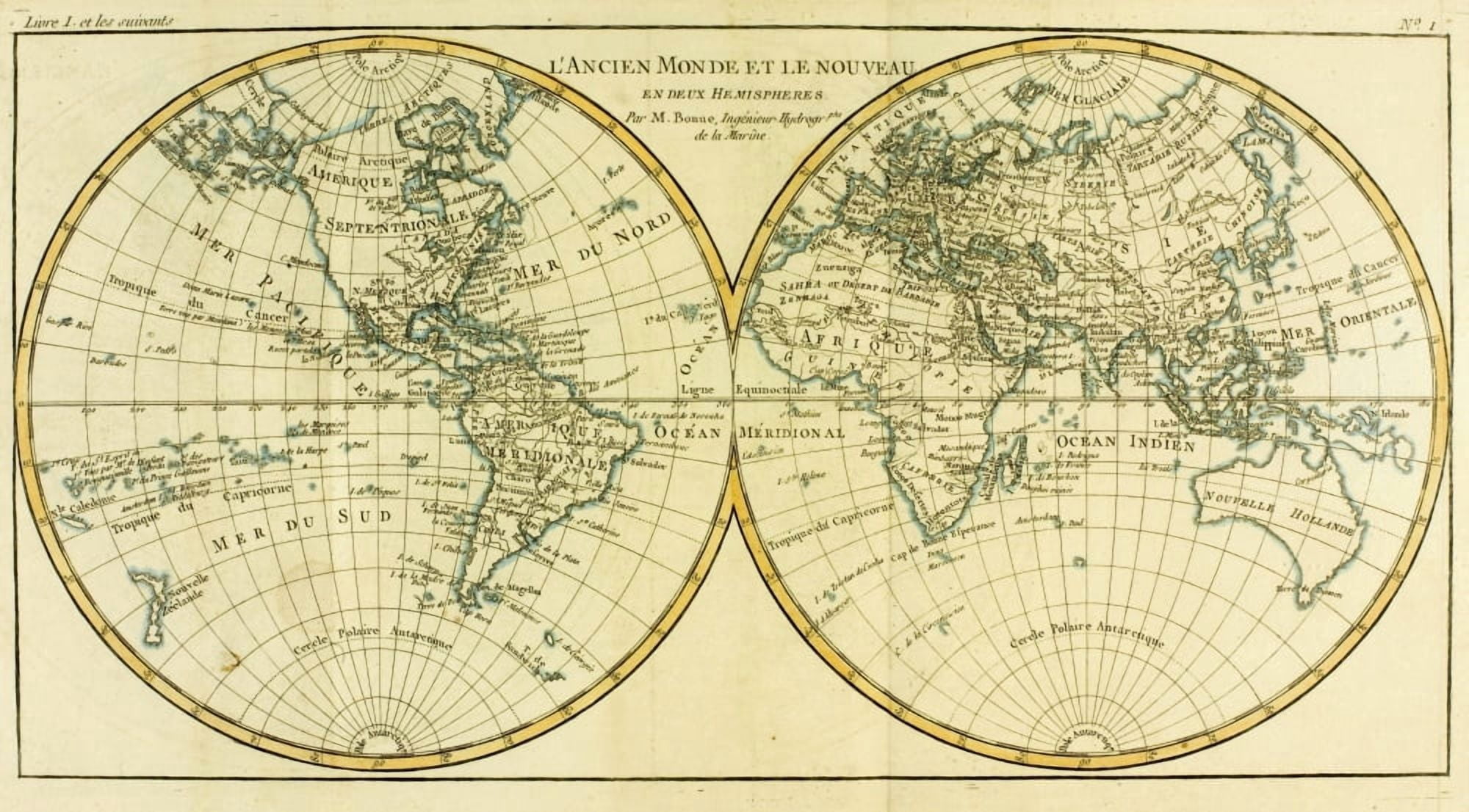 Map Of World Circa1760 From Atlas De Toutes Les Parties Connues Du Globe Terrestre By Cartographer Rigobert Bonne Published Geneva Circa 1760 Canvas Art - Ken Welsh Design Pics (40 x 22)