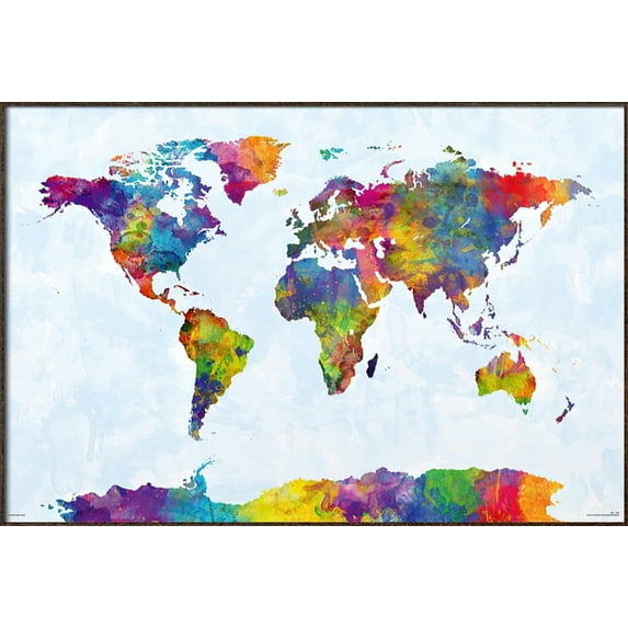Map Of The World - Framed Watercolor Art Poster (World Map Including Antarctica) (By Michael Tompsett) (Size: 37" X 25") (Antique Copper / Gold Aluminum Frame)