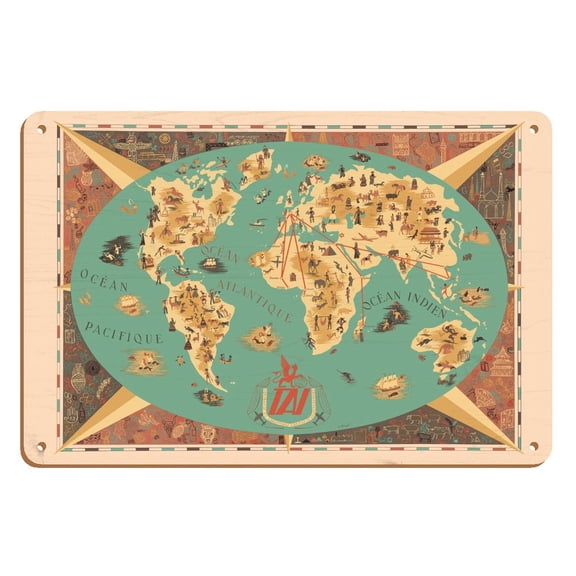 Map of World - TAI Airline (Transports Aériens Intercontinenteaux) - Vintage Airline Travel Poster by F. Lesourt c.1950s - 8 x 12 inch Vintage Wood Art Sign