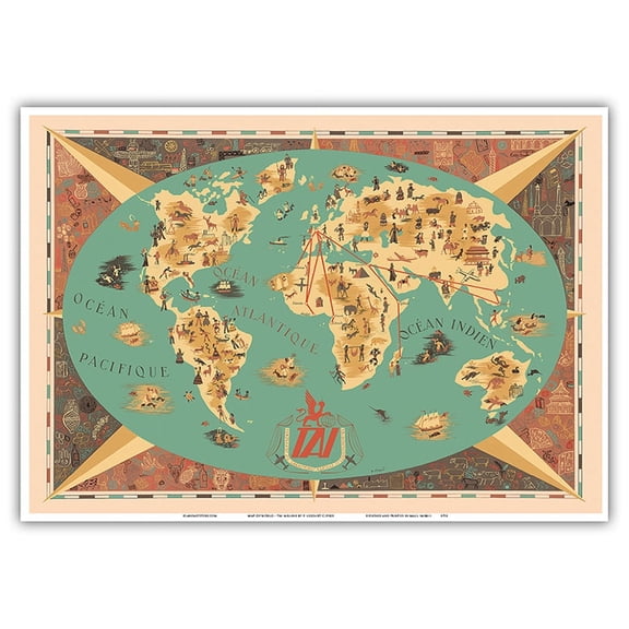 Map of World - TAI Airline (Transports Aériens Intercontinenteaux) - Vintage Airline Travel Poster by F. Lesourt c.1950s - Master Art Print 10in x 14in