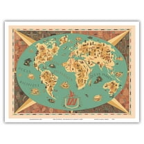 Map of World - TAI Airline (Transports Aériens Intercontinenteaux) - Vintage Airline Travel Poster by F. Lesourt c.1950s - Master Art Print (Unframed) 9in x 12in