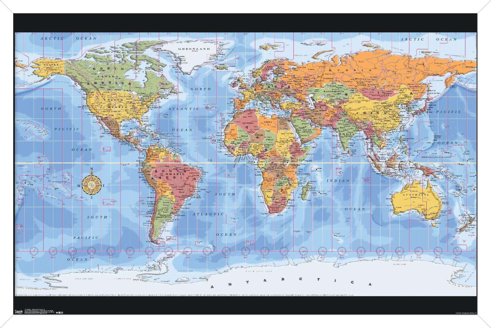 Map - World Time Zones Wall Poster, 14.725" x 22.375", Framed
