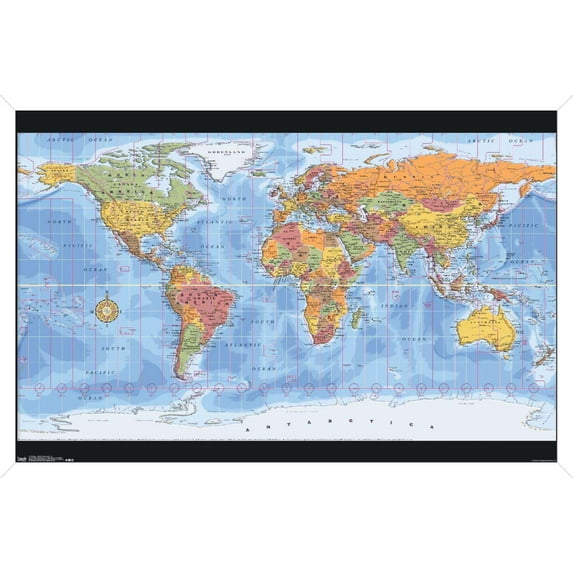 Map - World Time Zones Wall Poster, 14.725" x 22.375", Framed