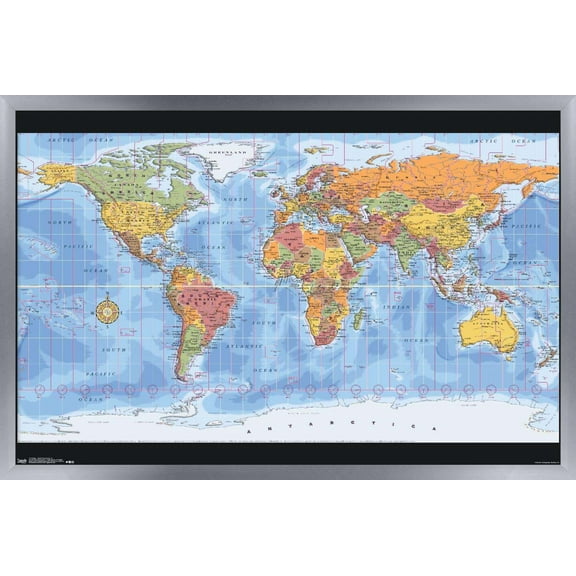 Map - World Time Zones Wall Poster, 14.725" x 22.375", Framed