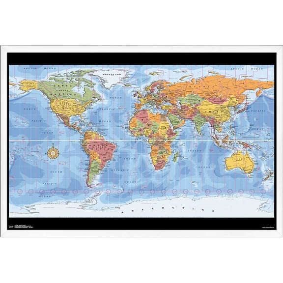 Map - World Time Zones Wall Poster, 22.375" x 34", Framed