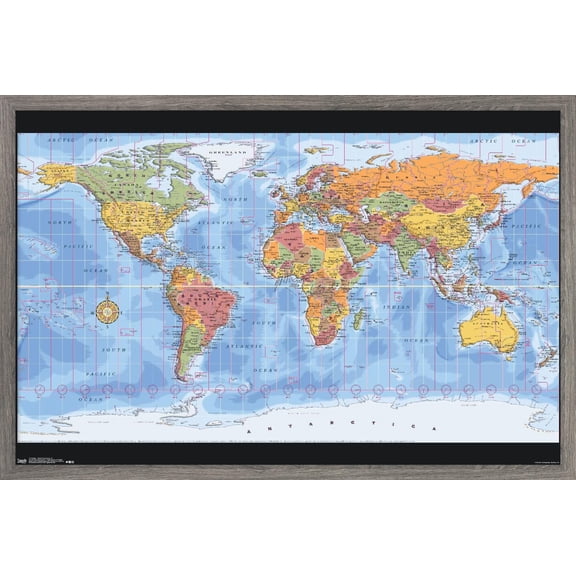 Map - World Time Zones Wall Poster, 22.375" x 34", Framed