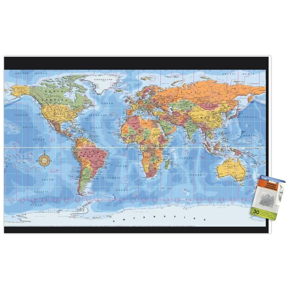Map - World Time Zones Wall Poster with Push Pins, 22.375" x 34"