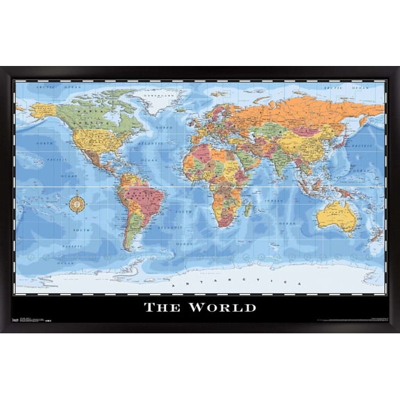Map - World Wall Poster, 14.725" x 22.375", Framed