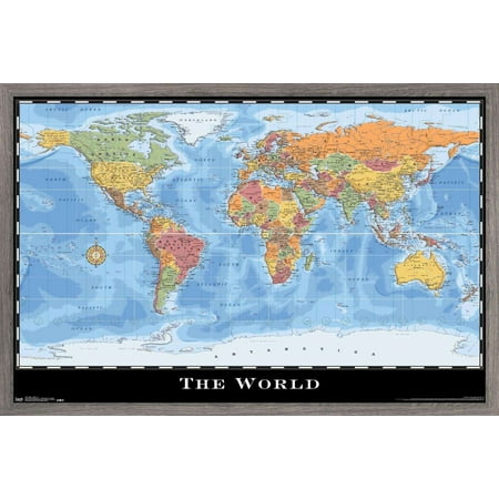 Map - World Wall Poster, 14.725" x 22.375", Framed