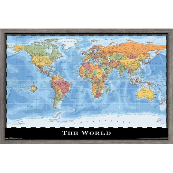 Map - World Wall Poster, 14.725" x 22.375", Framed
