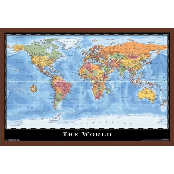 Map - World Wall Poster, 22.375" x 34", Framed