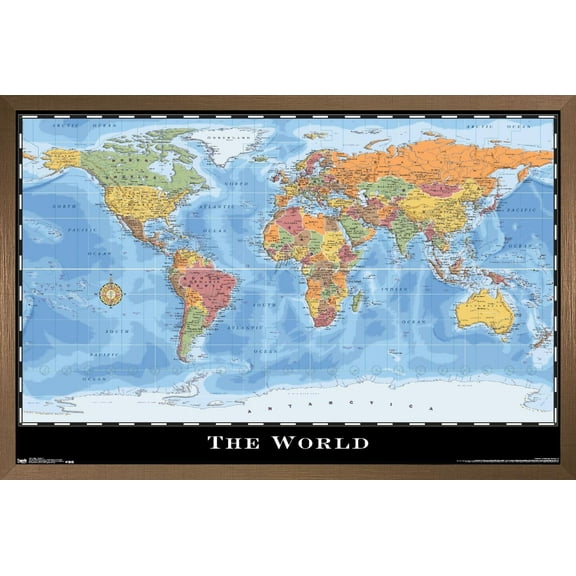 Map - World Wall Poster, 22.375" x 34", Framed
