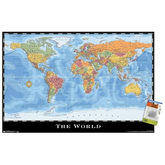 Map - World Wall Poster with Push Pins, 22.375" x 34"