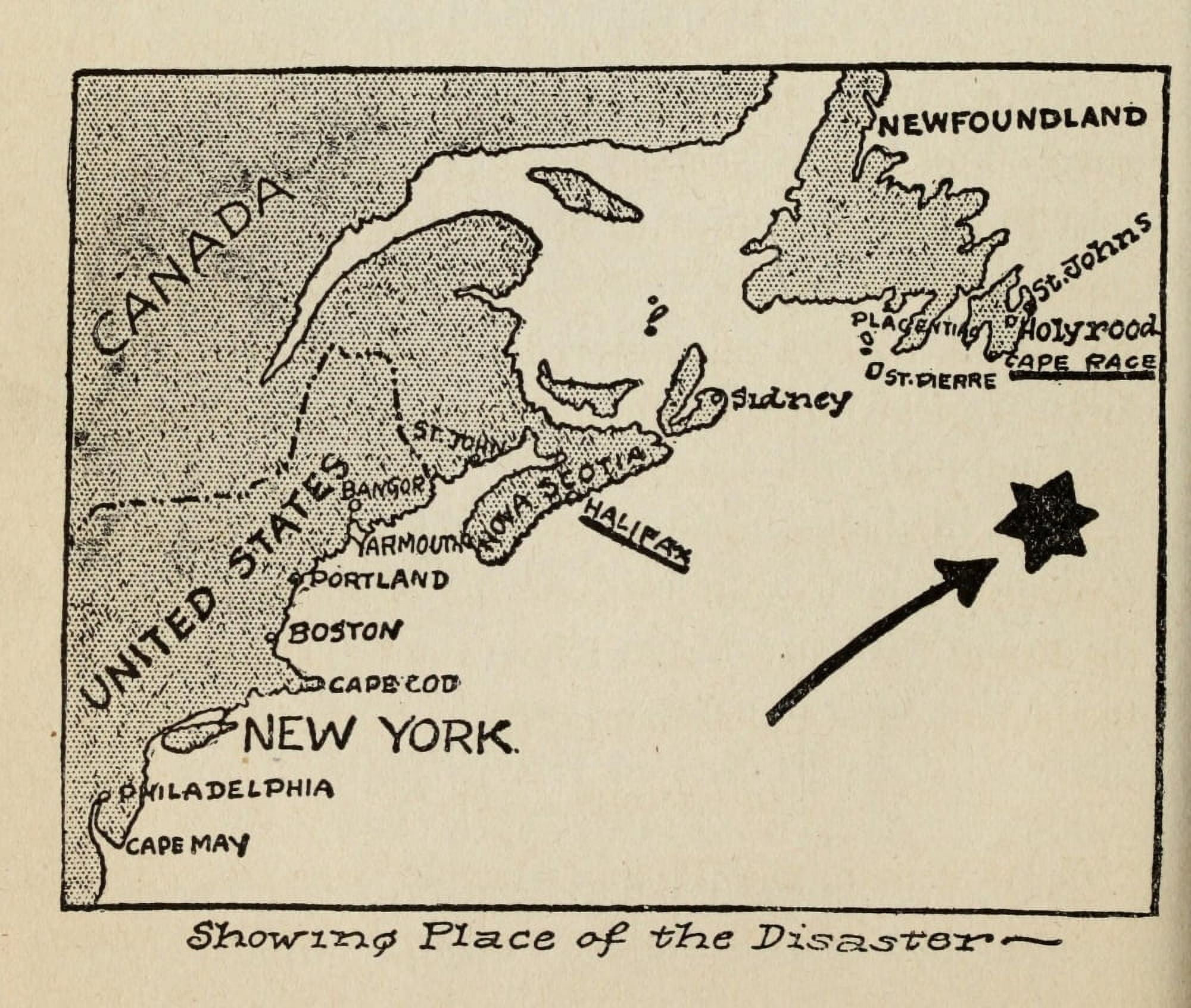 Map Wreck & Sinking of the Titanic 1912 Place of the Disaster Canvas Art - (24 x 36)