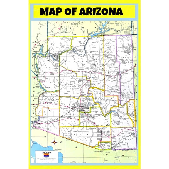 Map of Arizona - Laminated Wall Map Poster Print Perfect for Classrooms and Homes - Vivid Imagery with Bright Colors - 24x36