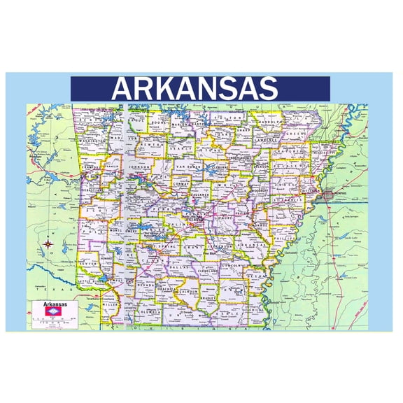 Map of Arkansas 36x60 Inch - Glossy Wall Map Poster - Blue Edition - High-Quality Print for Classrooms, Offices & Homes