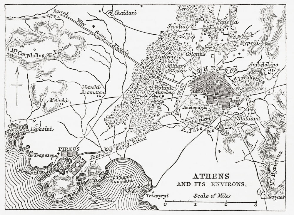 Map of Athens and Piraeus Greece mid 19th century From The Imperial Bible Dictionary published 1889 Canvas Art - Ken Welsh Design Pics (32 x 24)