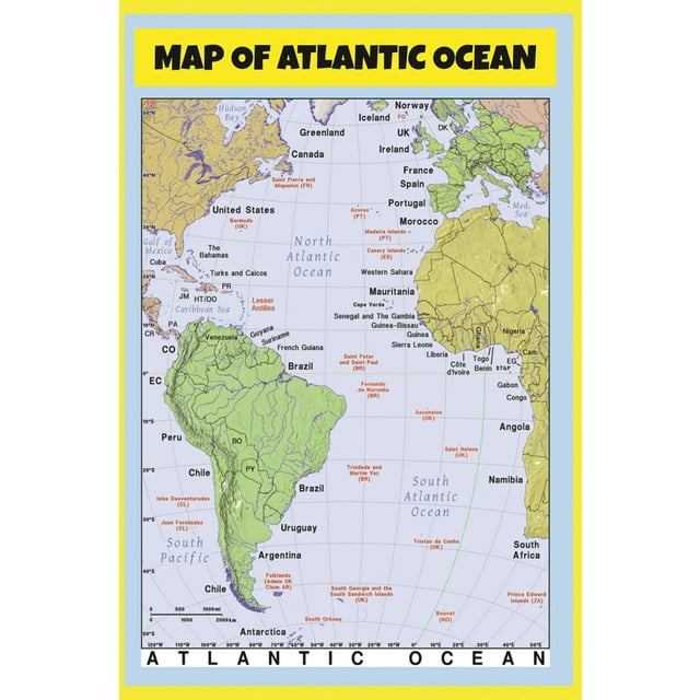 Map of Atlantic Ocean 24x36 Laminated Wall Map Poster Print Perfect