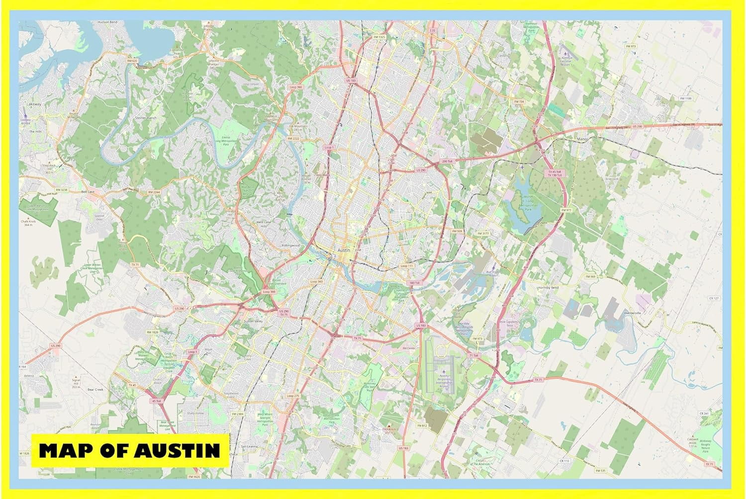 Map of Austin 18x24 with Neighborhoods, Streets, Roads, Highways and