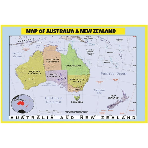Map of Australia & New Zealand - Glossy Heavy Paper Wall Map Poster Print Perfect for Classrooms and Homes - Vivid Imagery with Bright Colors - 36x60