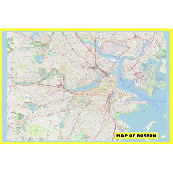 Map of Boston 24x36 with Neighborhoods, Streets, Roads, Highways and Parks - Laminated Wall Map Poster Print - Vivid Imagery with Bright Colors