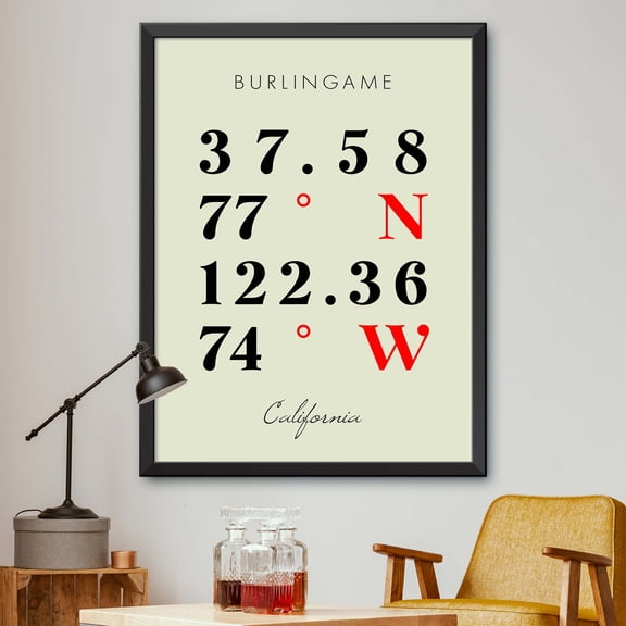 Map of Burlingame, California, Multiline Coordinates Colored (18x24)