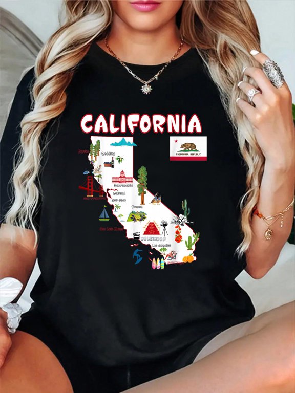 Map of California Landmarks, Major Cities, Flag T-Shirt casual short sleeve crew neck cotton tee tops for women