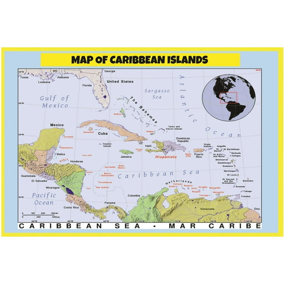 Map of Caribbean Islands - Laminated Wall Map Poster Print Perfect for Classrooms and Homes - Vivid Imagery with Bright Colors - 24x36