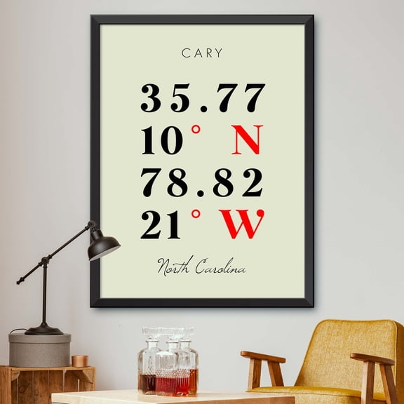 Map of Cary, North Carolina, Multiline Coordinates Colored (18x24)