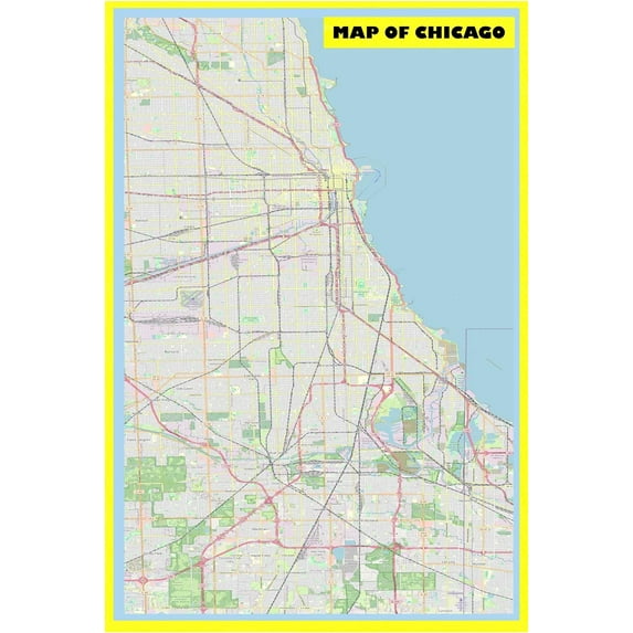 Map of Chicago 20x30 with Neighborhoods, Streets, Roads, Highways and Parks - Laminated Wall Map Poster Print - Vivid Imagery with Bright Colors