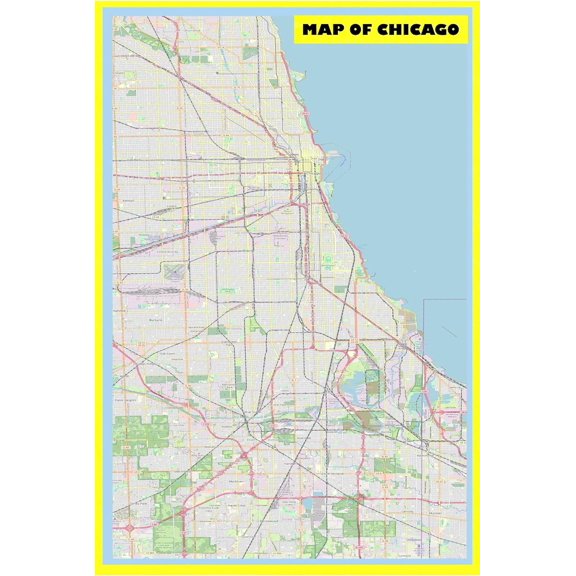 Map of Chicago 20x30 with Neighborhoods, Streets, Roads, Highways and Parks - Laminated Wall Map Poster Print - Vivid Imagery with Bright Colors