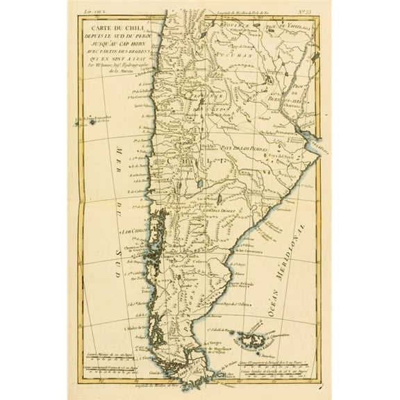 Map of Chil & Southern Peru To Cape Horn Circa.1760 From Atlas De Toutes Les Parties Connues Du Globe Terrestre Poster Print - Large - 22 x 34