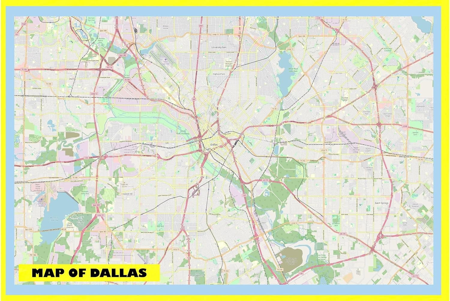 Map of Dallas 18x24 with Neighborhoods, Streets, Roads, Highways and