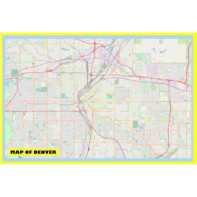 Map of Denver 18x24 with Neighborhoods, Streets, Roads, Highways and ...