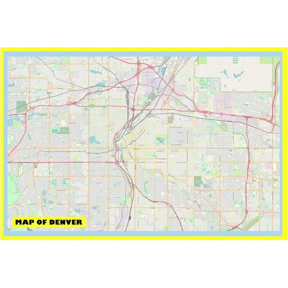 Map of Denver 24x36 with Neighborhoods, Streets, Roads, Highways and Parks - Laminated Wall Map Poster Print - Vivid Imagery with Bright Colors