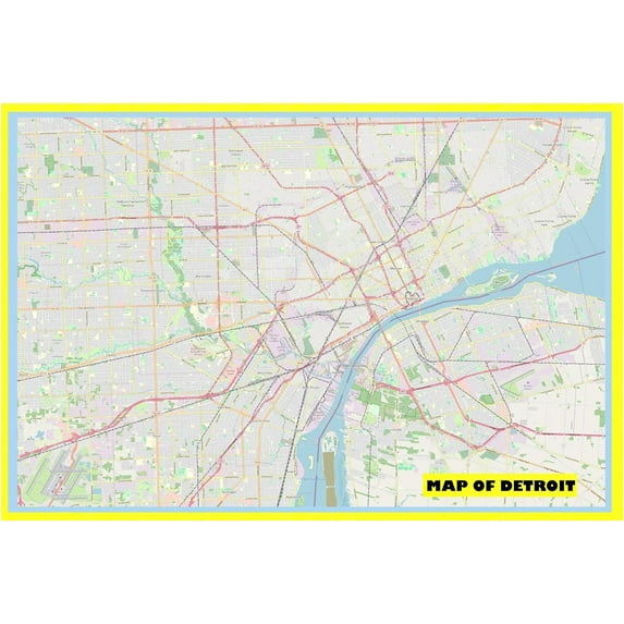 Map of Detroit 18x24 with Neighborhoods, Streets, Roads, Highways and Parks - Laminated Wall Map Poster Print - Vivid Imagery with Bright Colors
