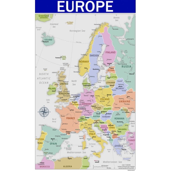 Map of Europe 18x24 Inch - Laminated Wall Map Poster - Blue Edition - High-Quality Print for Classrooms, Offices & Homes
